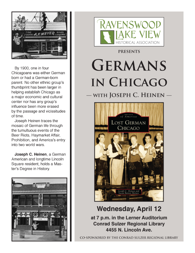 Germans in Chicago, 7:00 p.m, Wednesday, April 12, 2016, Contad Sulzer Regional Library, 455 N. Lincoln Ave.