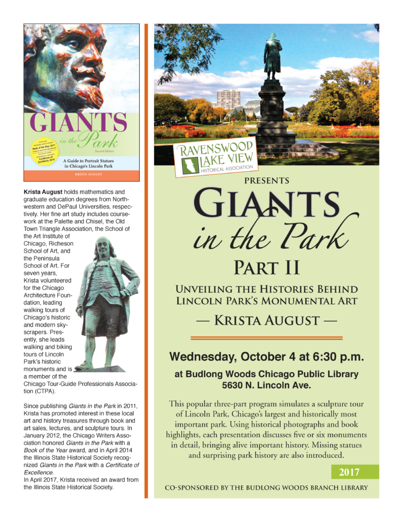 Giants in the Park Part II: Unveiling the Histories Behind Lincoln Park's Monumental Art - October 4, 6:30 pm - Budlong Woods Chicago Public Library, 5630 N. Lincoln Ave