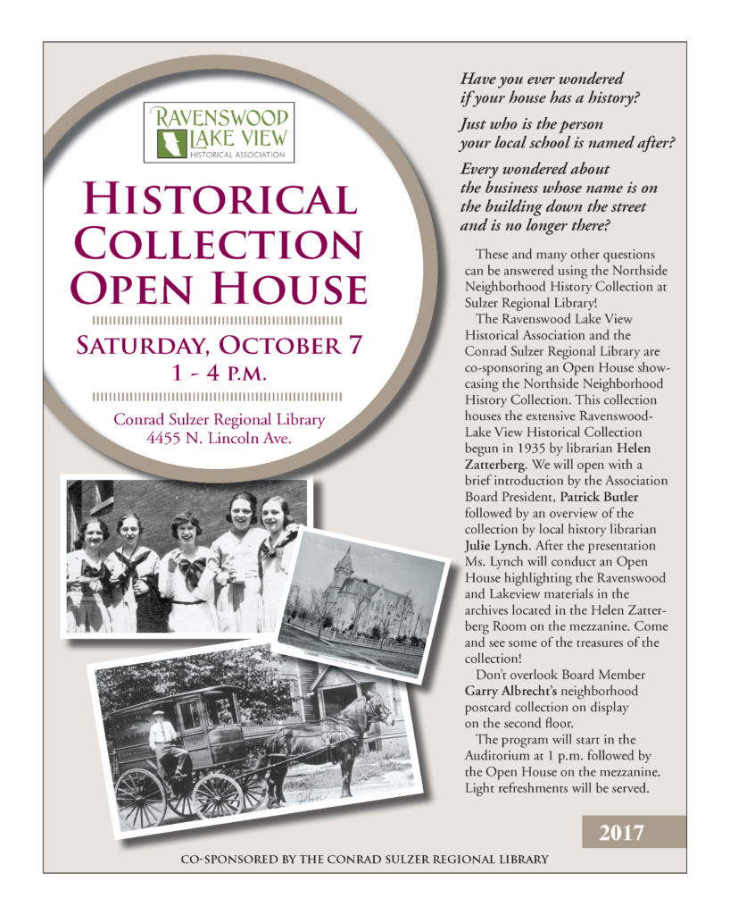 Historical Collection Open House - October 7, 1-4 pm - Conrad Sulzer Regional Library, 4455 N Lincoln Ave