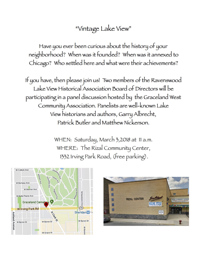 Vintage Lake View History Panel Discussion - Mar 3, 11am - Rizal Community Center, 1332 Irving Park Road (free parking available)