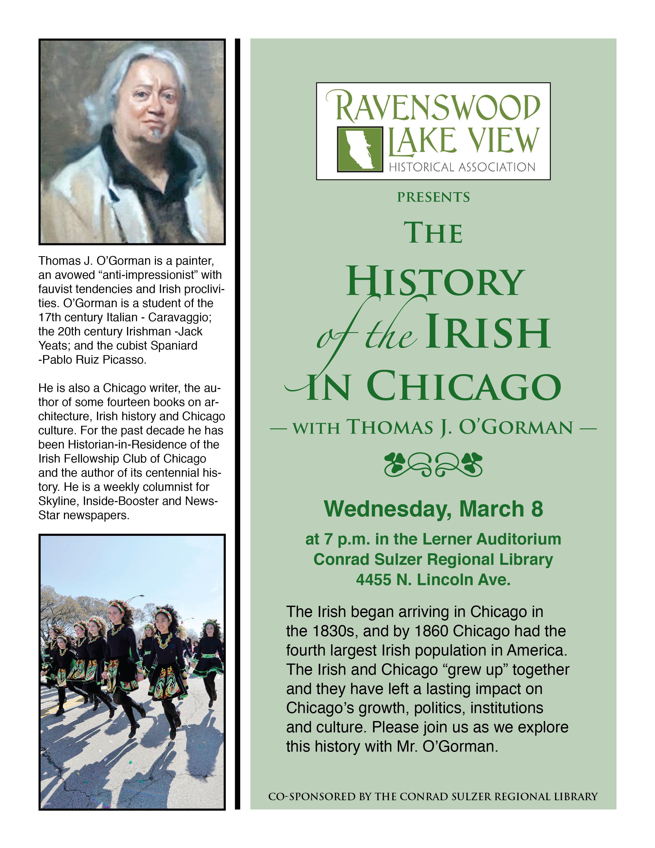 The History of the Irish in Chicago, Wednesday, March 8, 7:00 pm, Conrad Sulzer Regional Library 4455 N. Lincoln Ave