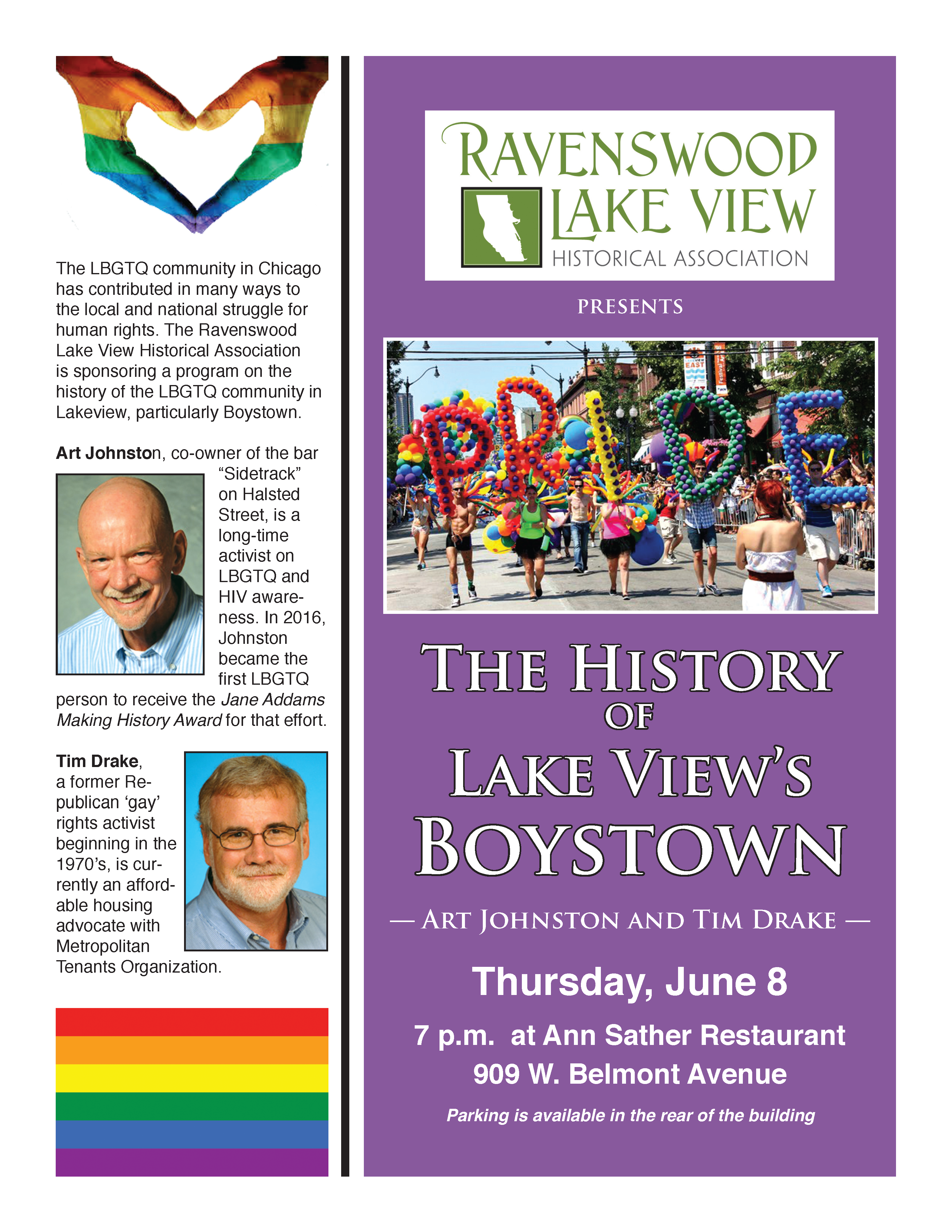 The History of Lake View's Boystown - Thursday, June 8, 7 P.M. - Ann Sather Restaurant 909 W. Belmont Avenue