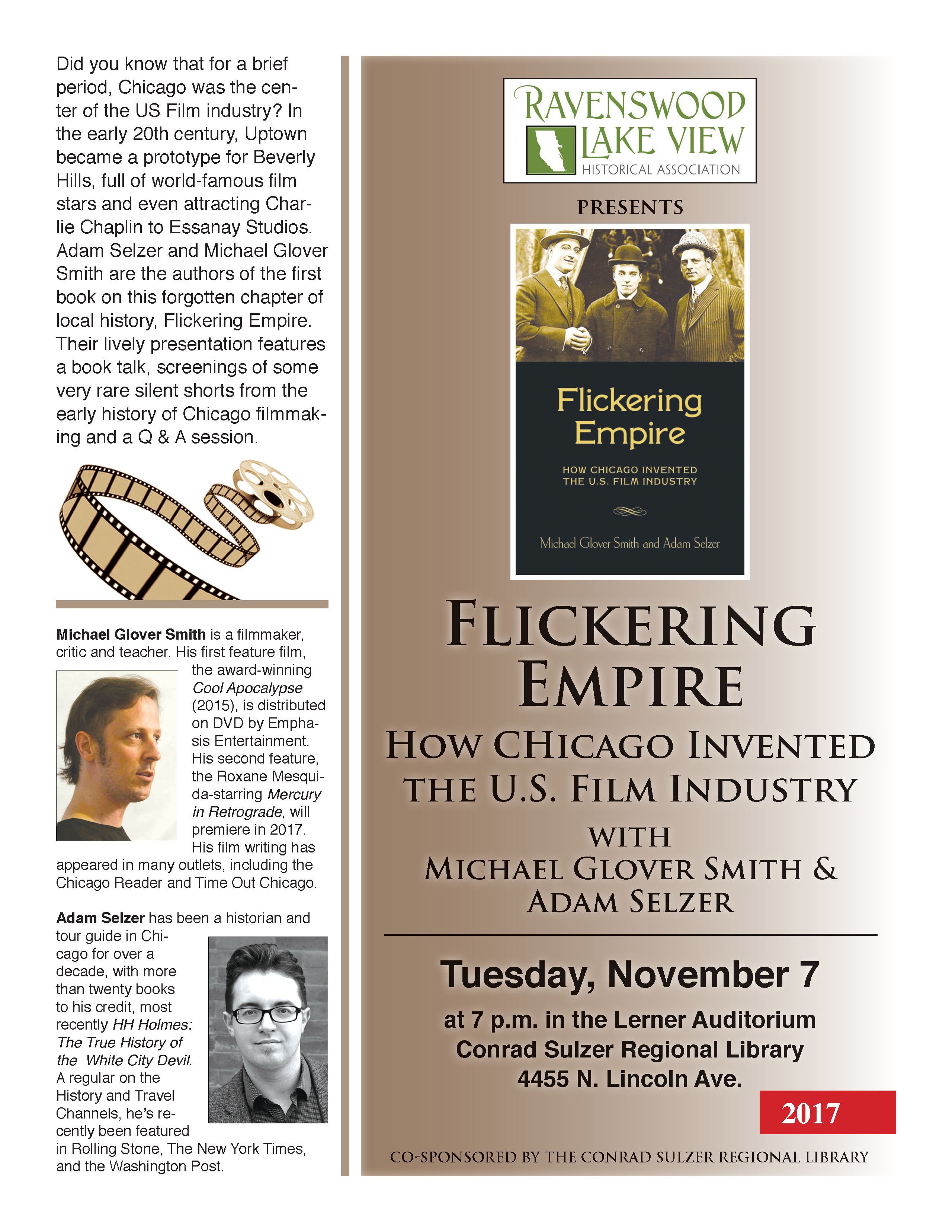 Flickering Empire: How Chicago Invented the U.S. Film Industry - November 7, 7pm - Conrad Sulzer Regional Library, 4455 N. Lincoln Ave.