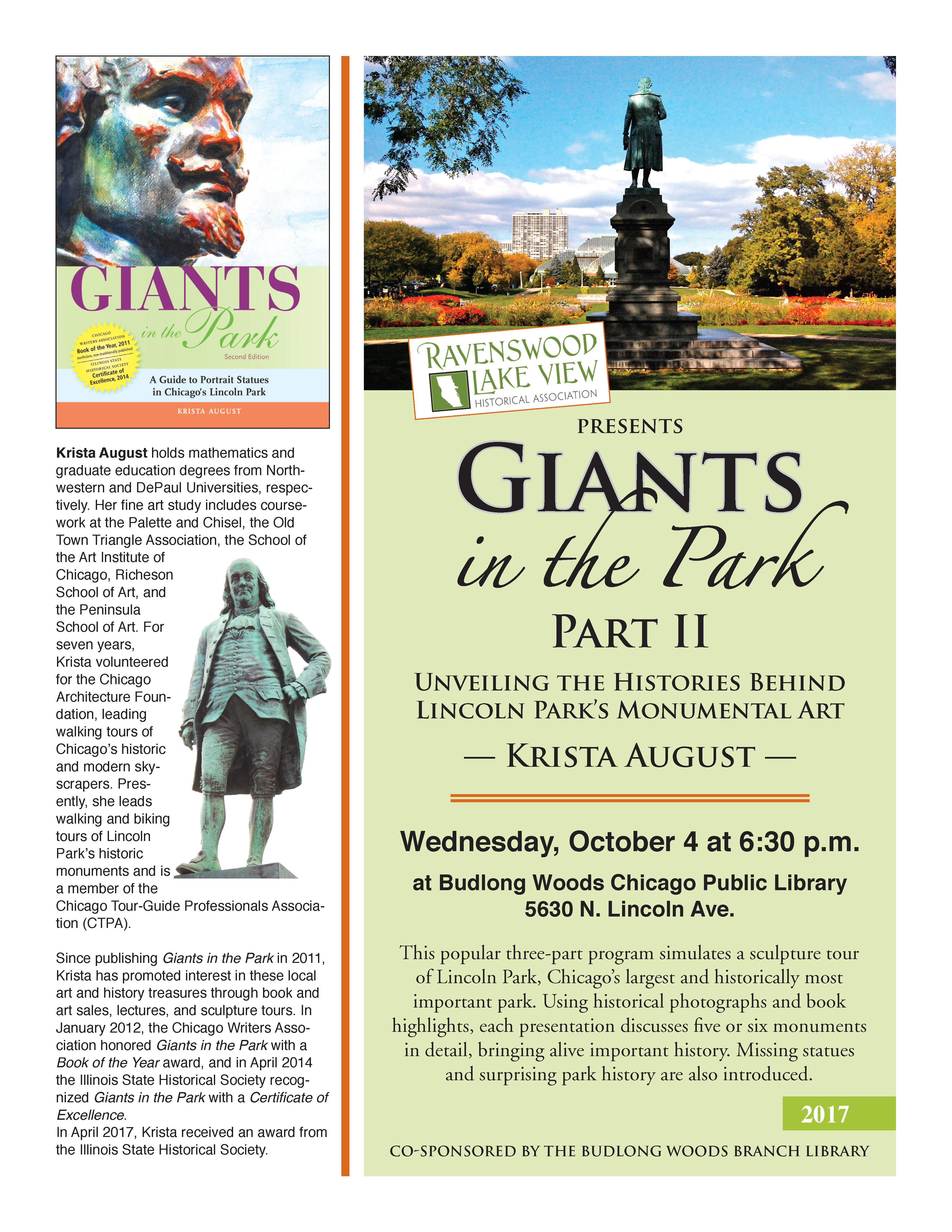 Giants in the Park Part II: Unveiling the Histories Behind Lincoln Park's Monumental Art - Krista August - Wednesday, October 4 - 6:30 pm - Budlong Woods Chicago Public Library - 5630 N. Lincoln Ave