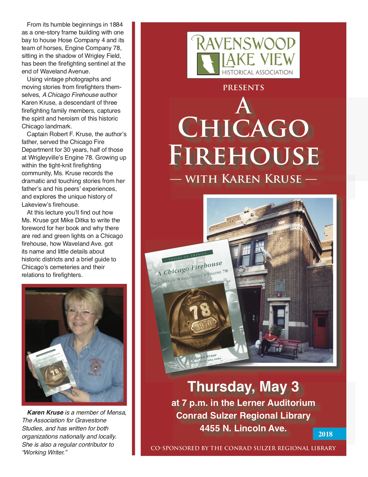 A Chicago Firehouse, with Karen Kruse - Thurs May 3, 7pm - Lerner Auditorium, Conrad Sulzer Regional Library, 4455 N. Lincoln Ave.