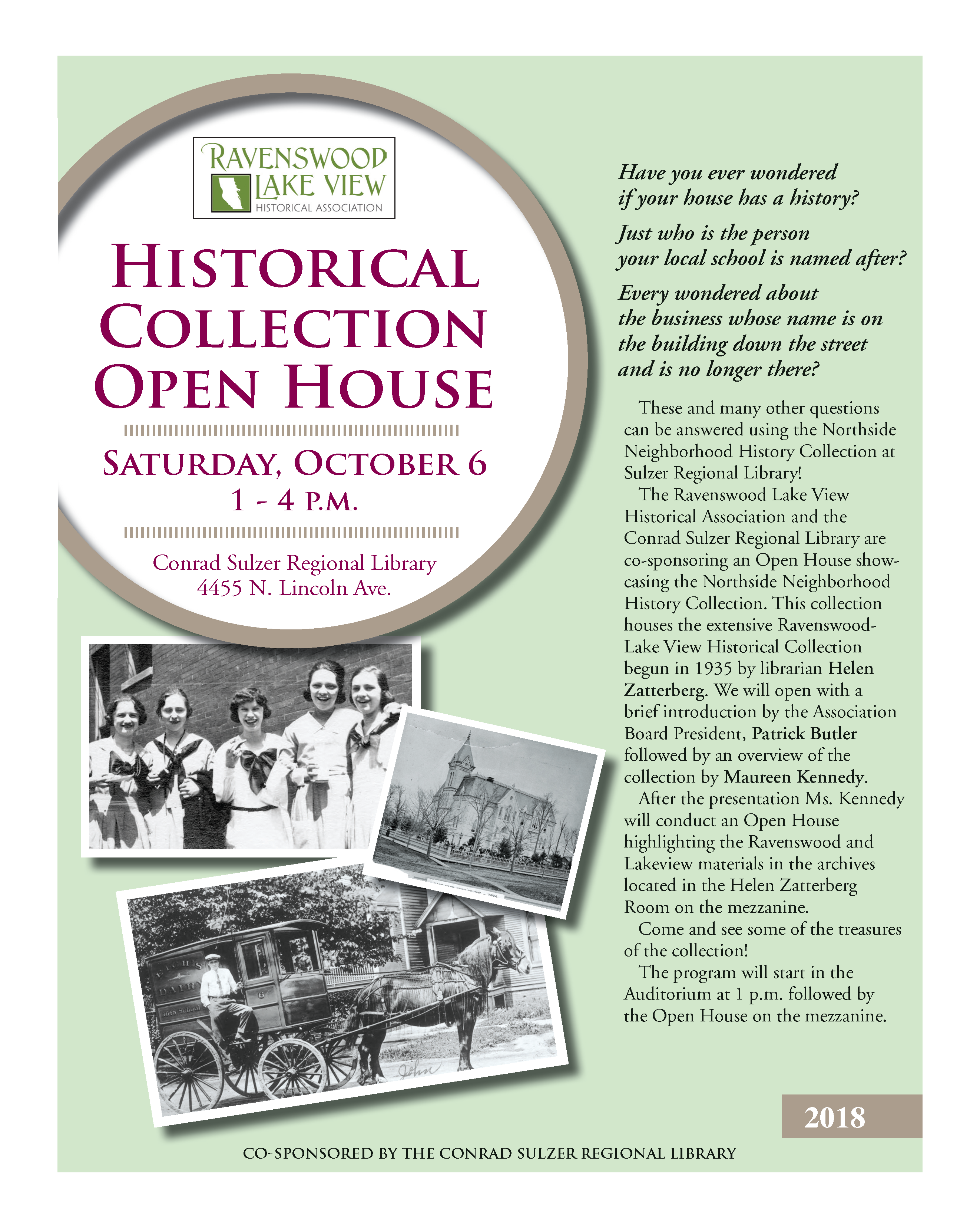 Historical Collection Open House - October 6, 1-4pm - Conrad Sulzer Regional Library, 4455 N. Lincoln Ave.